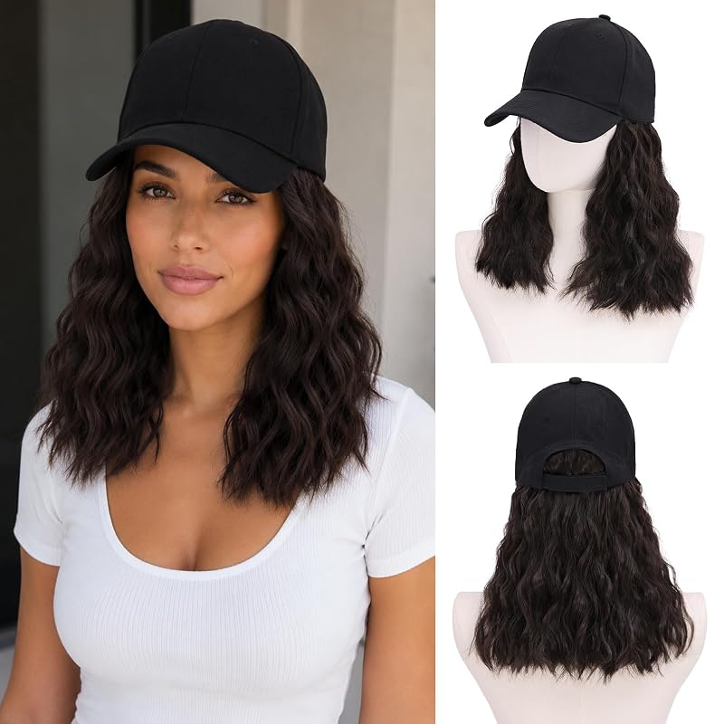 MORICA Hat Wig for Women Wig Cap with Curly Hair Extensions, Brown Black Hair Extension for Women, Casual Lazy Girl Hairpiece for Daily Outdoor(16inch,Brown Black)