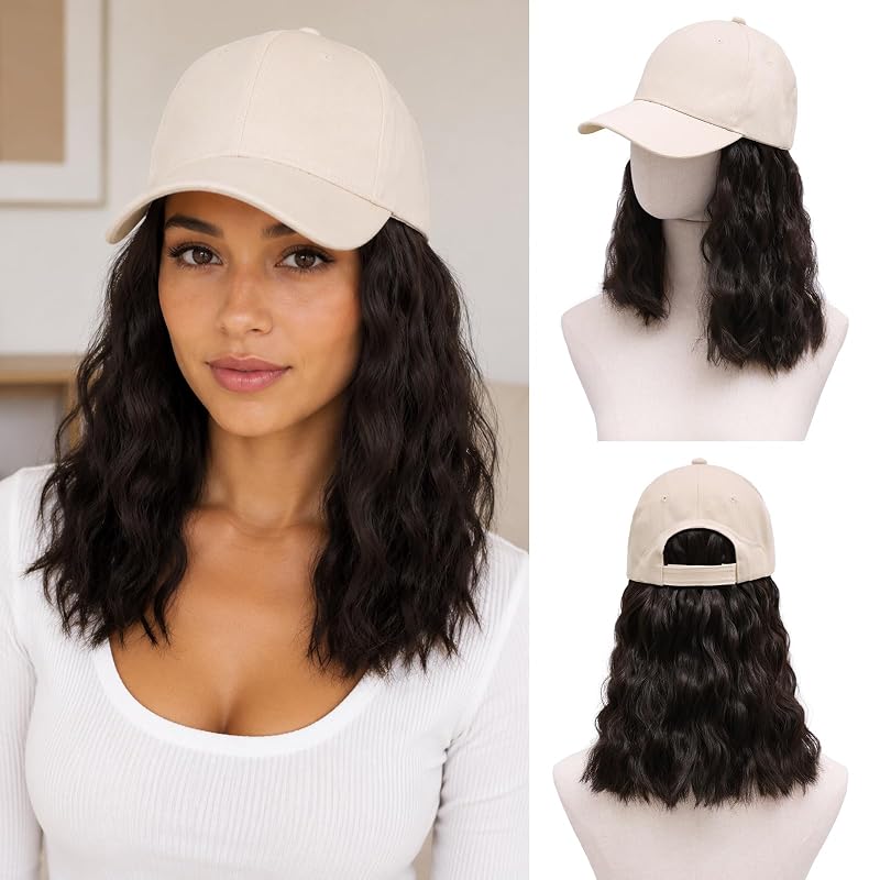 MORICA Hat Wig for Women Wig Cap with Curly Hair Extensions, Brown Black Hair Extension for Women, Casual Lazy Girl Hairpiece for Daily Outdoor(16inch,Brown Black)