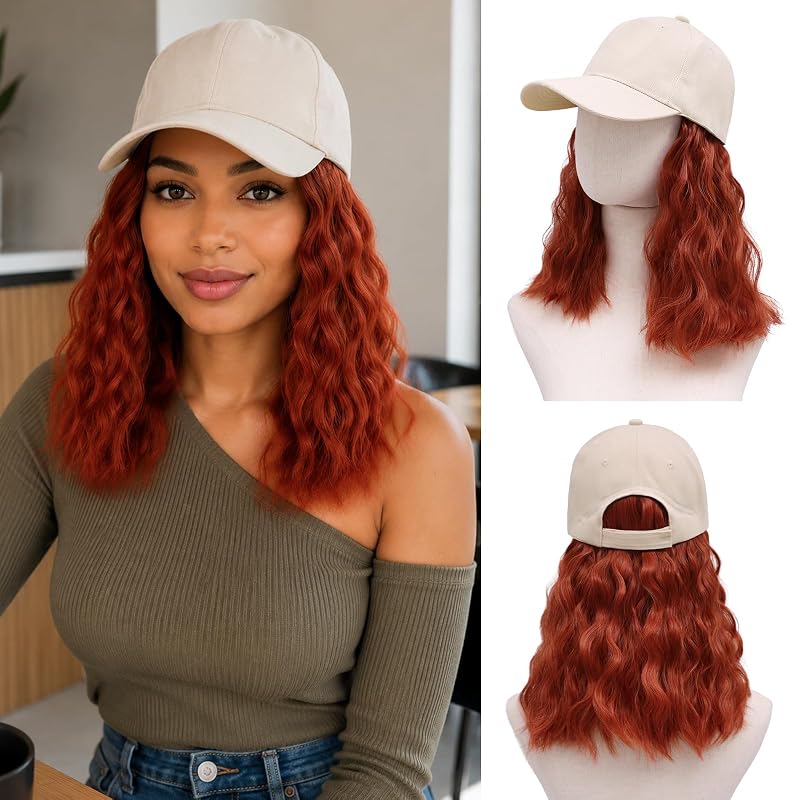 MORICA Baseball Cap with Hair Attached, 16", Short Curly Bob, 350