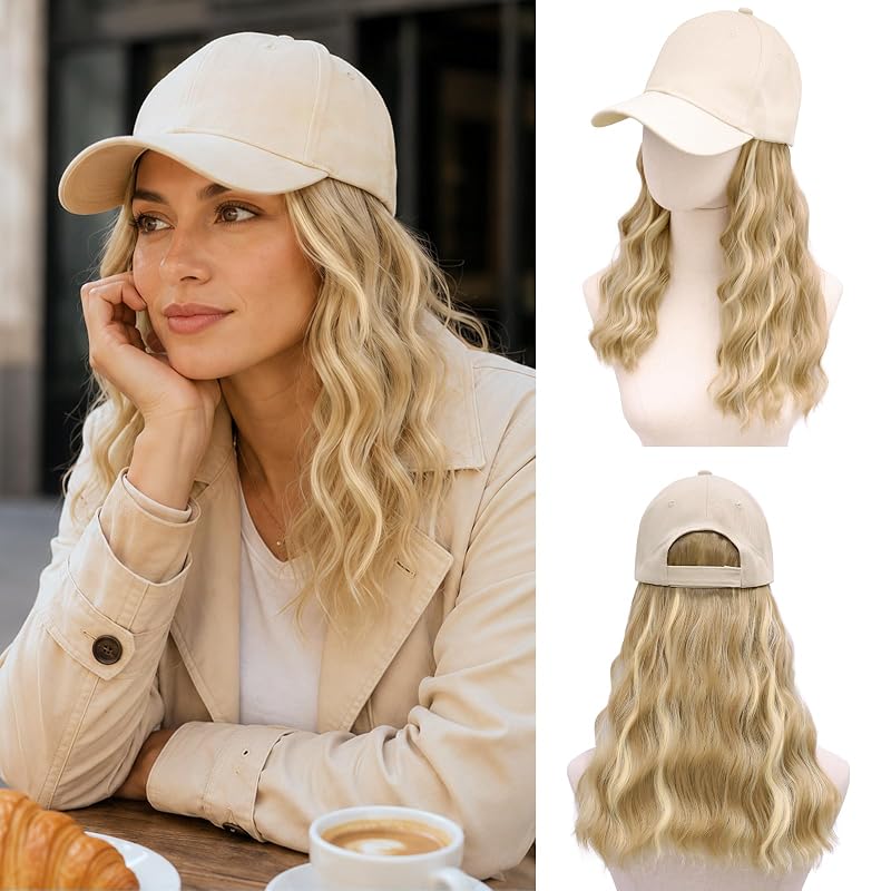 MORICA Baseball Cap with Hair Attached, 20" Anti-Tangle Long Wavy Extensions with Breathable Hat, Casual Lazy Girl Hairpiece for Running/Gym (20inch,24H613)