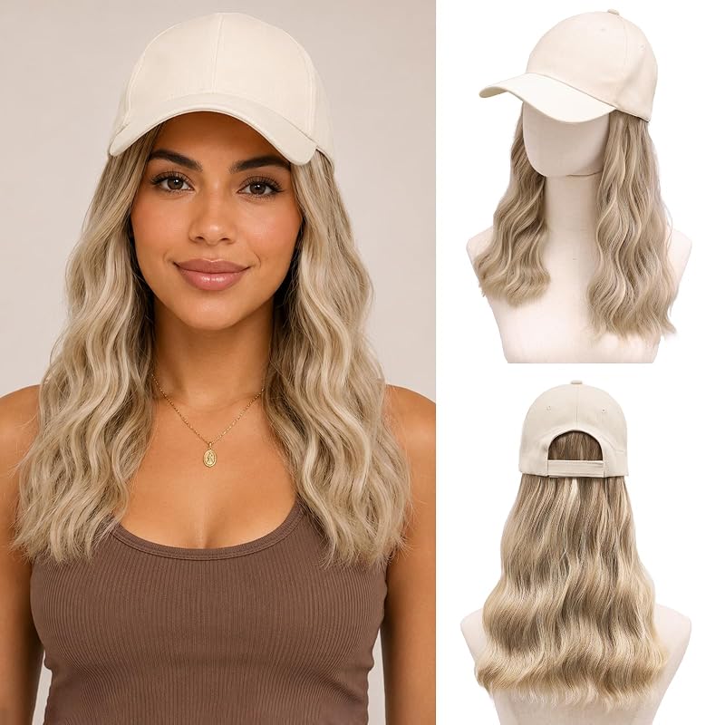 MORICA Hat Wig 20 Inch Water Wave Baseball Cap Wig 16P613 Color Blend