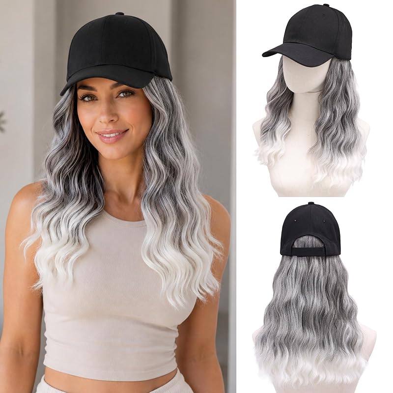 MORICA Hat Wig, Hat with Hair Attached for Women, 20" Water Wave Baseball Cap Wig, Anti-Tangle Long Wavy Extensions with Breathable Hat, Quick Wear Hairpieces for Daily Travel(20inch,Omber Grey)