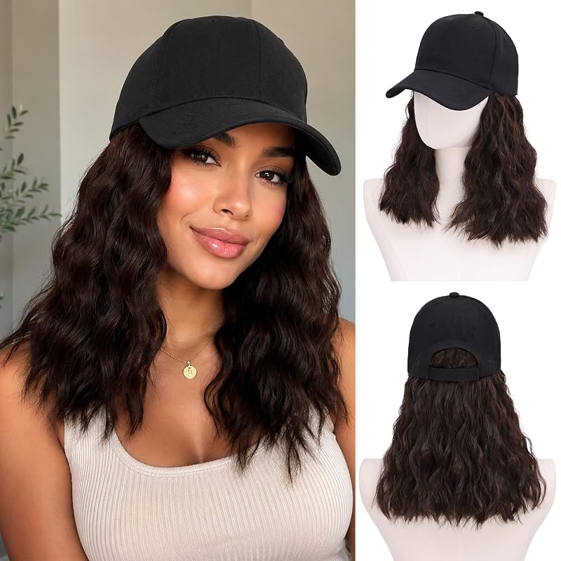 MORICA Hat with Hair 16", Dark Brown, Baseball Cap with Hair Attached