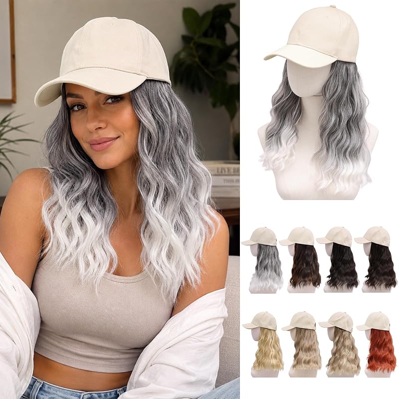 MORICA Baseball Cap with Hair Attached, 20" Anti-Tangle Long Wavy Extensions with Breathable Hat, Casual Lazy Girl Hairpiece for Running/Gym (20inch,Omber Grey)