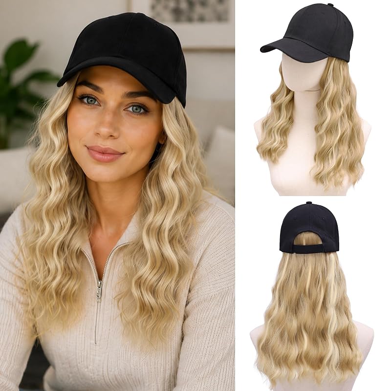 MORICA Hat Wig, Hat with Hair Attached for Women, 20" Water Wave Baseball Cap Wig, Anti-Tangle Long Wavy Extensions with Breathable Hat, Quick Wear Hairpieces for Daily Travel(20inch,24H613)