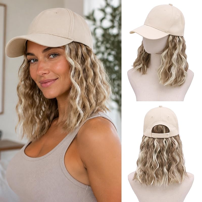 MORICA Hat Wig 16 Inch Ash Blonde Mixed Light Blonde Baseball Cap Wig