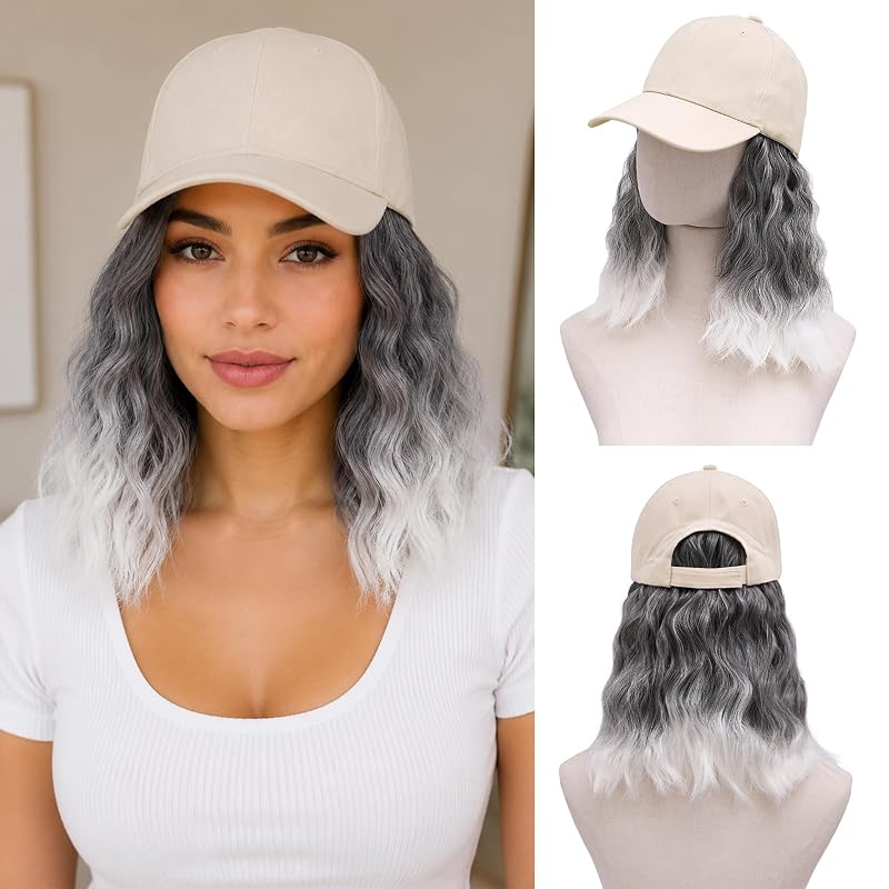 MORICA Wig Hat with Hair Attached for Women,Omber Grey Hat Wig, Short Curly Bob Extensions with Breathable Hat, Quick Wear Hairpieces for Daily Travel(16inch,Omber Grey)