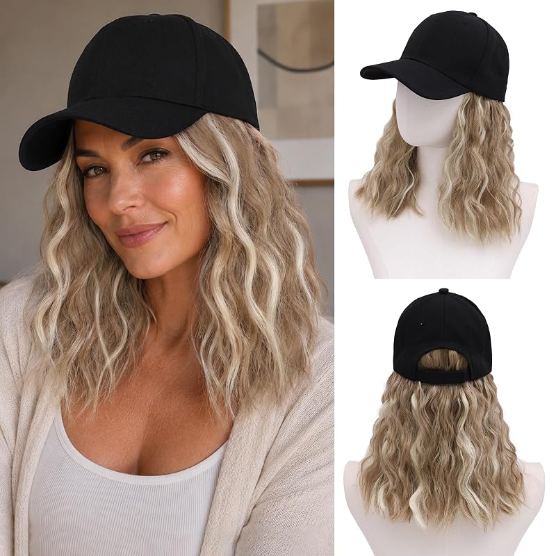 MORICA Hat Wig 16 Inch Short Curly Bob Baseball Cap Wig 9H60A