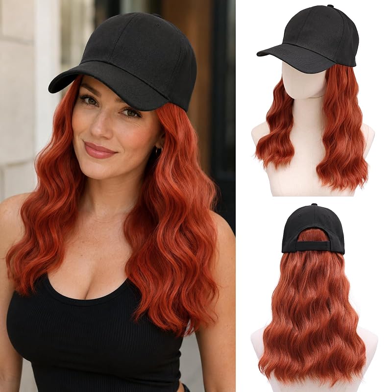 MORICA Hat Wigs 20" Hat with Hair Attached for Women,Long Wavy Copper Extensions with Black Breathable Baseball Cap Wig for Daily Party(20inch,350)