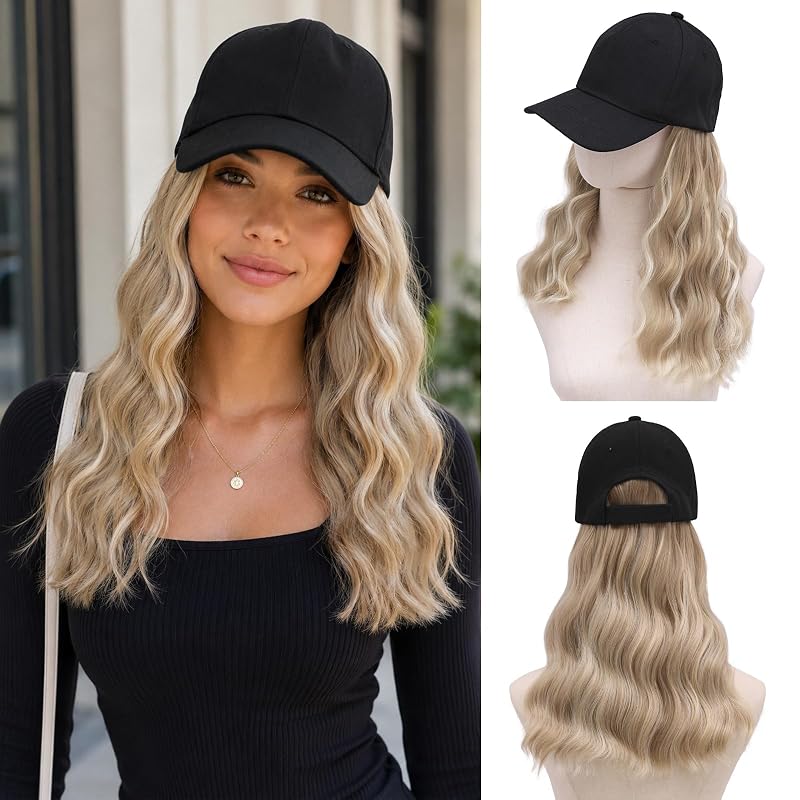 MORICA Baseball Cap with Hair Attached, 20" Anti-Tangle Long Wavy Extensions with Breathable Hat, Casual Lazy Girl Hairpiece for Running/Gym (20inch,16P613)