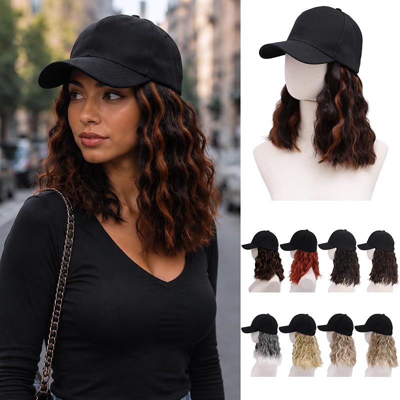 MORICA Wig Hat with Hair Attached for Women,16" Hat Wig, Short Curly Bob Extensions with Breathable Hat, Quick Wear Hairpieces for Daily Travel(16inch,4H30)