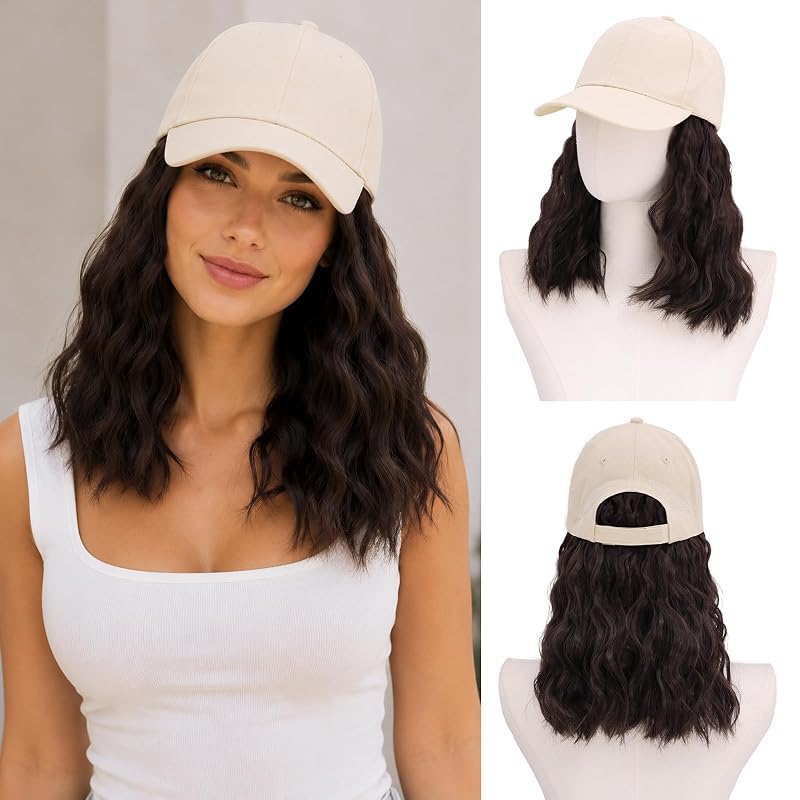 MORICA Hat Wig 16 Inch Short Curly Bob Baseball Cap Wig with Hair Attached