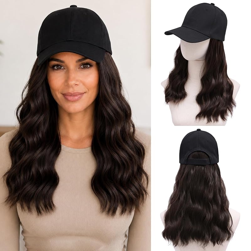 MORICA Baseball Cap with Hair Attached, 20" Anti-Tangle Long Wavy Extensions with Breathable Hat, Casual Lazy Girl Hairpiece for Running/Gym (20inch,Dark Brown)