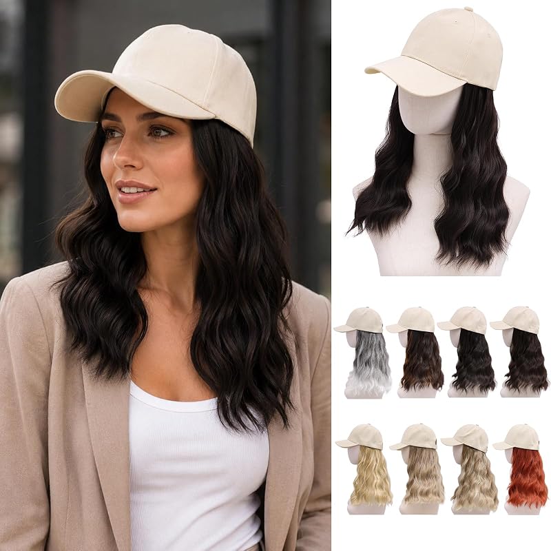 MORICA Hat with Hair Attached for Women, Brown Black Long Wavy Extensions with Breathable Baseball Cap Wig for Daily Party(20inch,Brown Black)