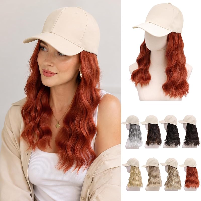 MORICA Hat Wigs 20" Hat with Hair Attached for Women,Long Wavy Copper Extensions with Breathable Baseball Cap Wig for Daily Party(20inch,350)