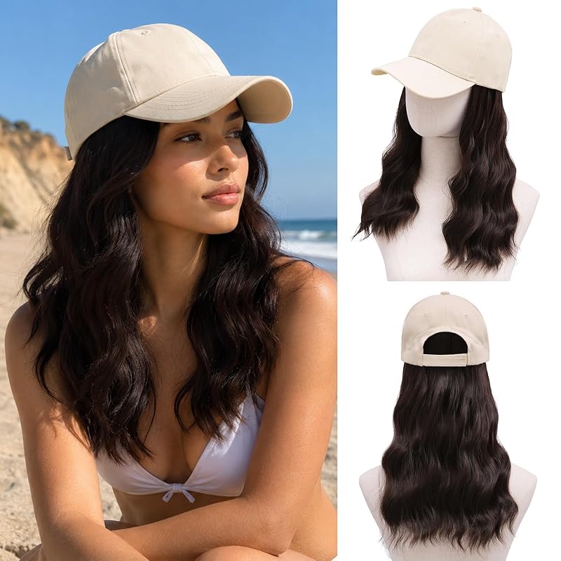 MORICA Hat Wig, Hat with Hair Attached for Women, 20" Water Wave Baseball Cap Wig, Anti-Tangle Long Wavy Extensions with Breathable Hat, Quick Wear Hairpieces for Daily Travel(20inch,Dark Brown)