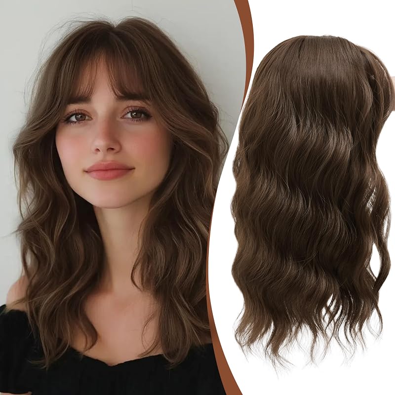 Hair Topper with Bangs 16 Inch Nat Warm Melt Wavy Hairpiece 6.5x6.5 Base