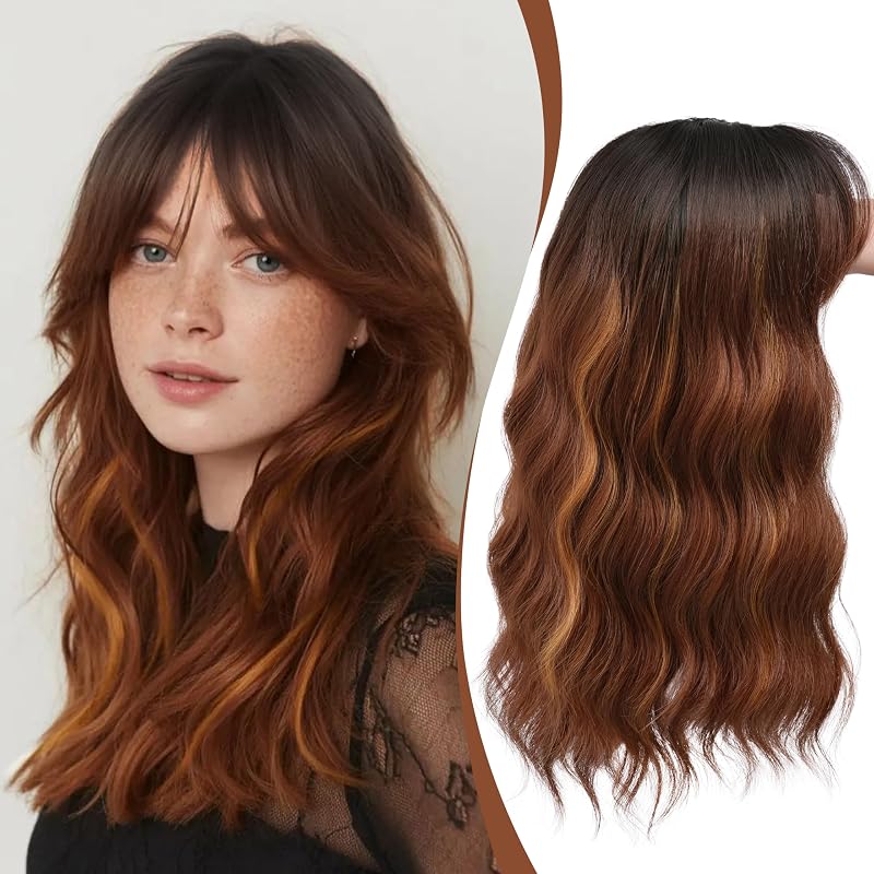 Hair Topper with Bangs 16 Inch Auburn Fall Melt Wavy Hairpiece 6.5x6.5 Base
