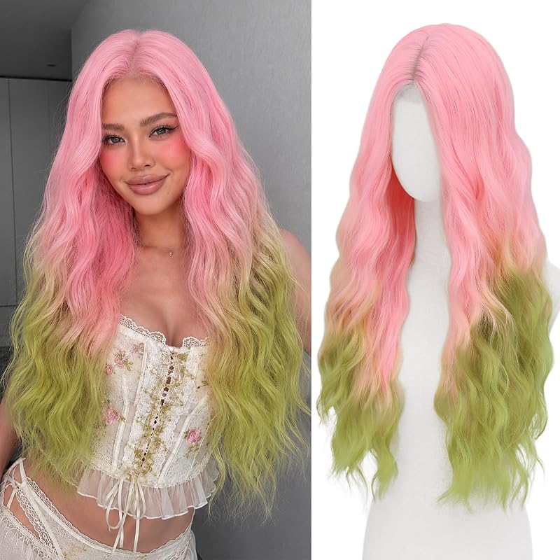 Pink to Green Wig for Women Long Wavy Synthetic Wig 28 Inch
