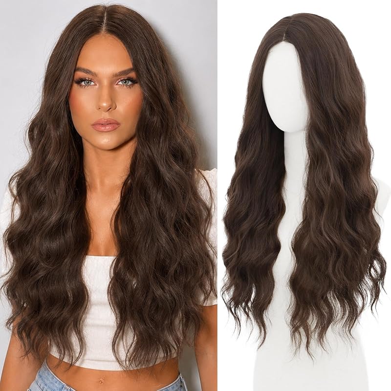 WECAN Chocolate Brown Wig for Women Long Wavy Synthetic Wig 28 Inch