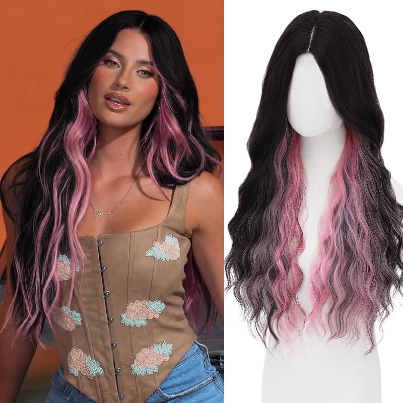 Brown Pink Wig for Women Long Wavy Synthetic Wig 28 Inch