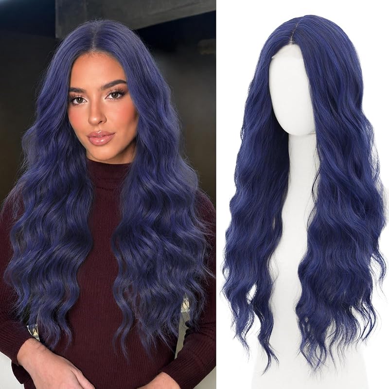 WECAN Dark Blue Wig for Women Long Wavy Synthetic Wig 28 Inch