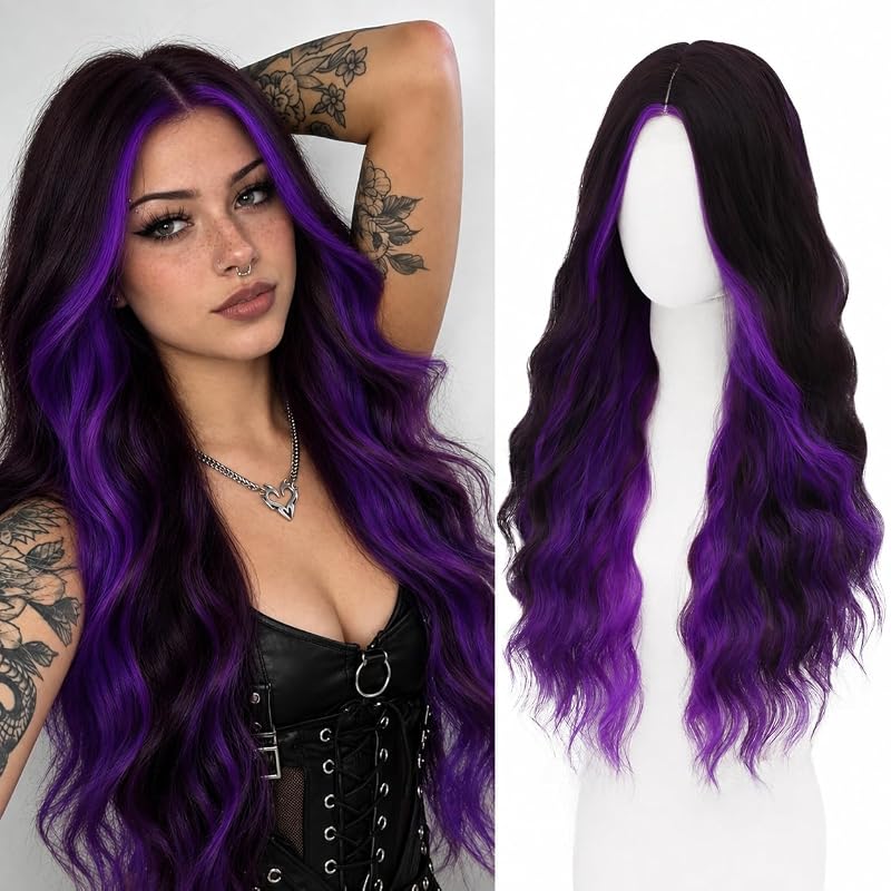 WECAN Royal Purple Wig for Women Long Wavy Synthetic Wig 28 Inch