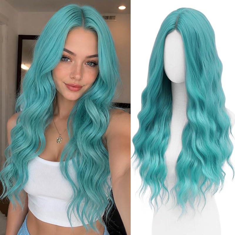 WECAN Teal Blue Wig for Women Long Wavy Synthetic Wig 28 Inch