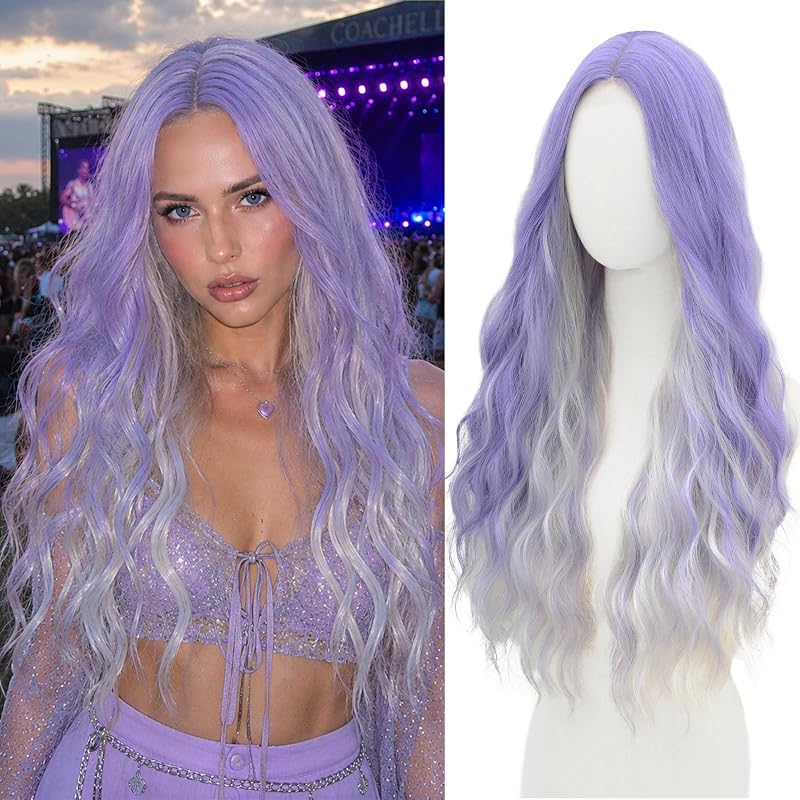 WECAN Platinum Purple Wig for Women Long Wavy Synthetic Wig 28 Inch