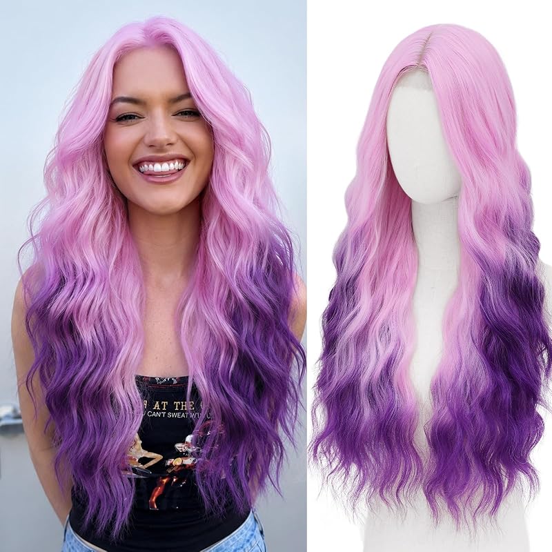 Pink to Purple Wig for Women Long Wavy Synthetic Wig 28 Inch