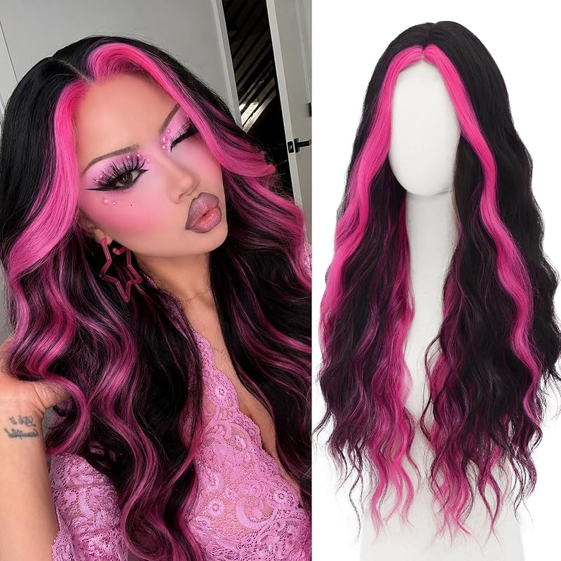 WECAN Hot Pink Black Wig for Women Long Wavy Synthetic Wig 28 Inch