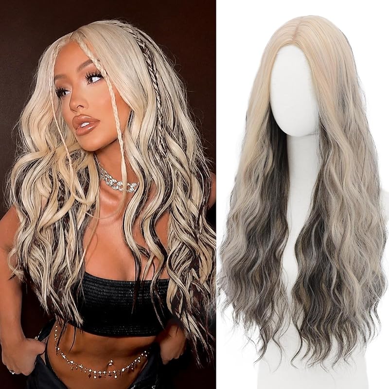 WECAN Platinum Ash Brown Wig for Women Long Wavy Synthetic Wig 28 Inch