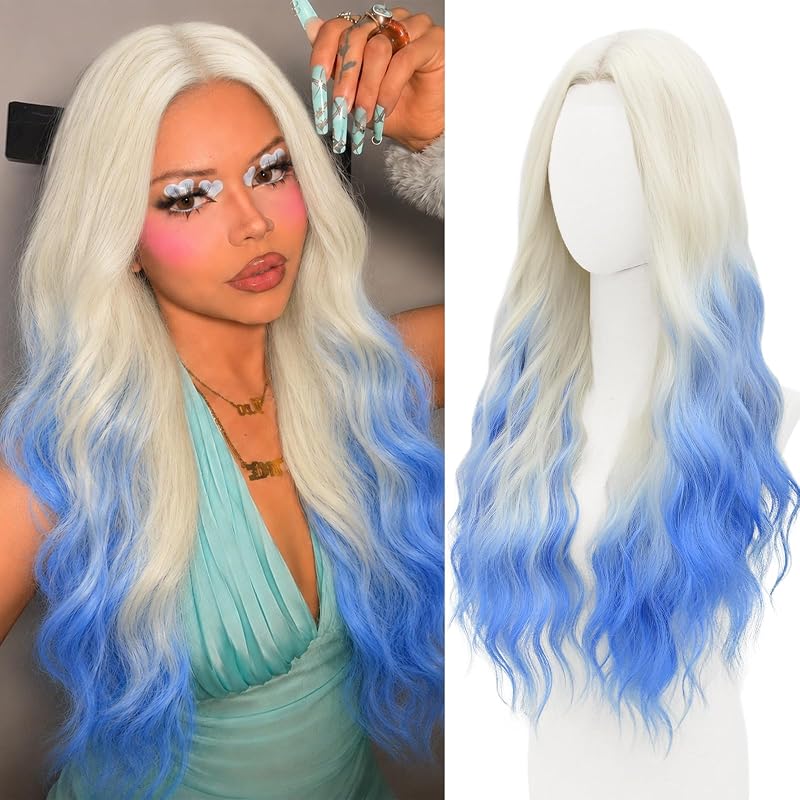 WECAN White to Blue Wig for Women Long Wavy Synthetic Wig 28 Inch