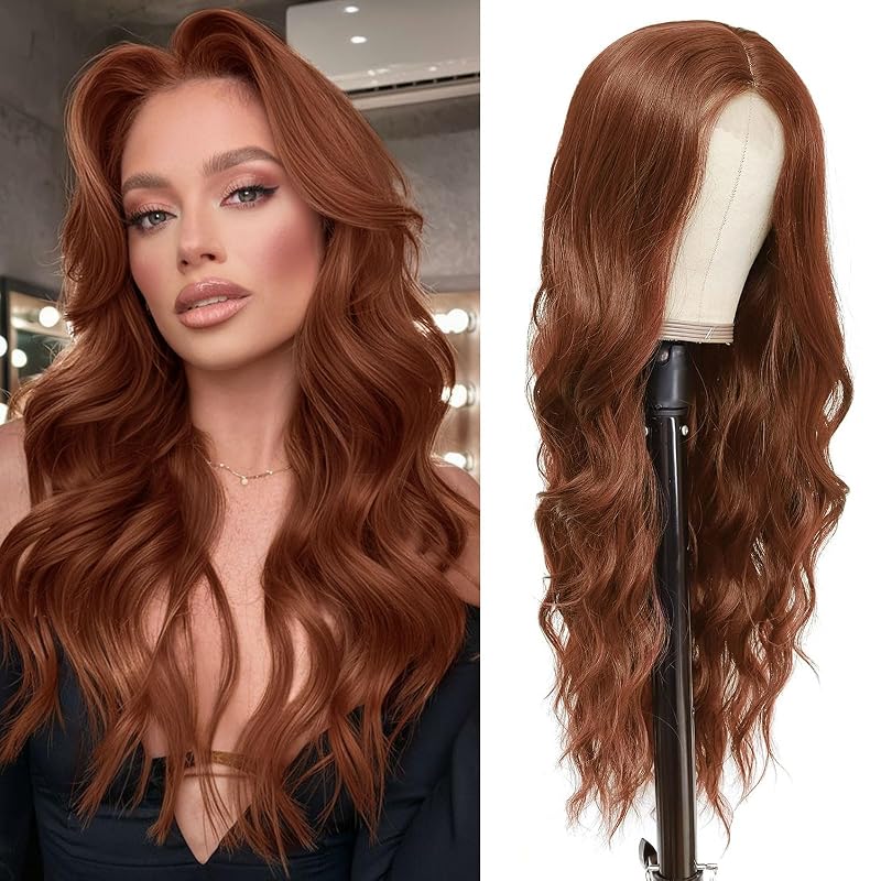 Long Auburn Wavy Wigs for Women 26 Inch Middle Part Synthetic Cosplay Wig