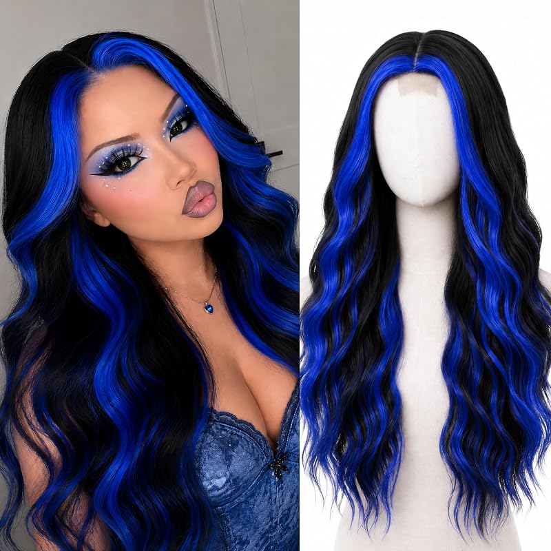 Cosplay Long Black Blue Wig 28 Inch Middle Part Synthetic Wigs for Women