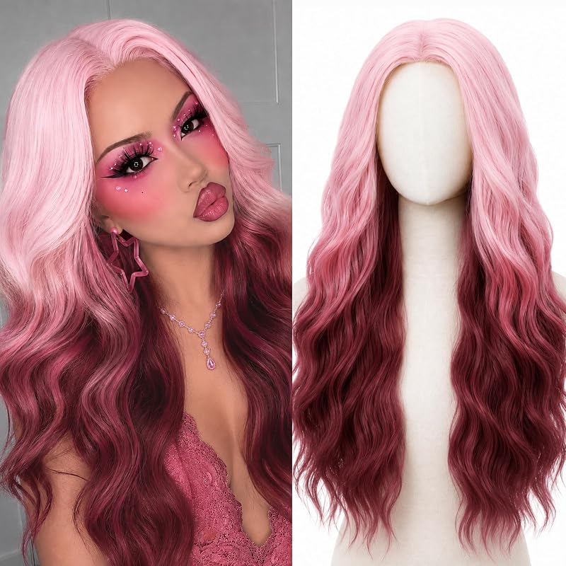 Cosplay Long Pink Rose Wig 28 Inch Middle Part Synthetic Wigs for Women