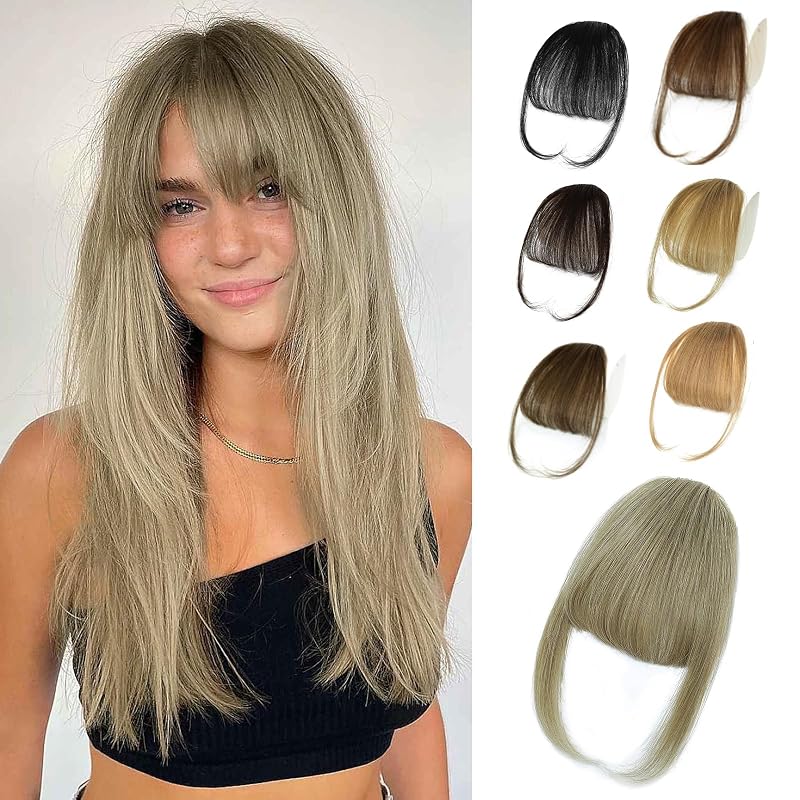 Clip in Bangs Human Hair for Women, Light Ash Blonde Wispy Bangs Hairpiece