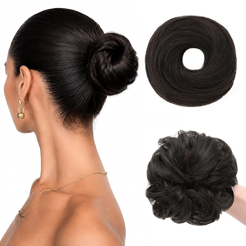 WIRCTP 2PCS Messy Bun Hair Piece for Women, Small Donut Bun & Messy Bun Scrunchie for Thin Hair, Synthetic Hair Bun Extension, Natural-Looking Updo(Brown Black)