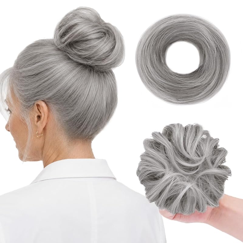 WIRCTP 2PCS Messy Bun Hair Piece for Women, Small Donut Bun & Messy Bun Scrunchie for Thin Hair, Synthetic Hair Bun Extension, Natural-Looking Updo(Silver Gray)