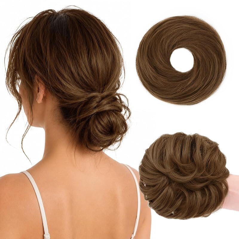 WIRCTP 2PCS Messy Bun Hair Piece for Women, Small Donut Bun & Messy Bun Scrunchie for Thin Hair, Synthetic Hair Bun Extension, Natural-Looking Updo(Chestnut Brown)