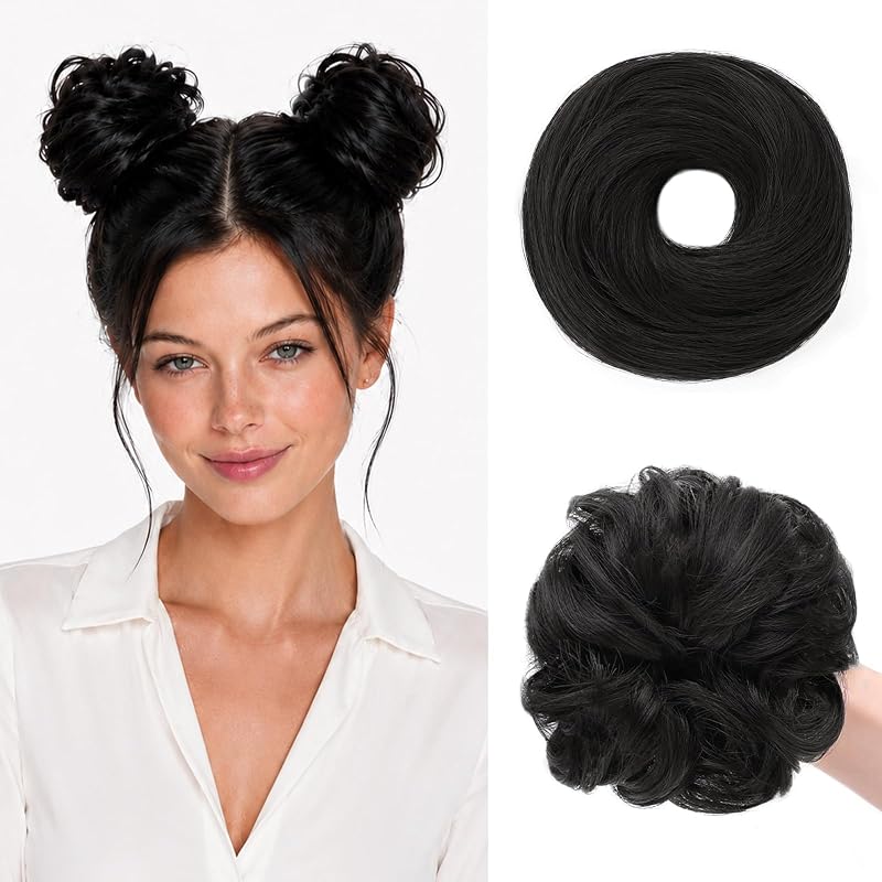 WIRCTP 2PCS Messy Bun Hair Piece for Women, Small Donut Bun & Messy Bun Scrunchie for Thin Hair, Synthetic Hair Bun Extension, Natural-Looking Updo(Black)