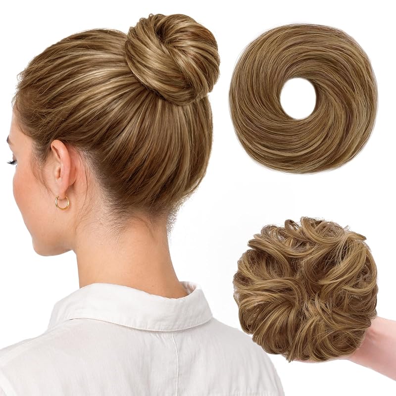 WIRCTP 2PCS Messy Bun Hair Piece for Women, Small Donut Bun & Messy Bun Scrunchie for Thin Hair, Synthetic Hair Bun Extension, Natural-Looking Updo(Brown Mixed Honey Blonde)