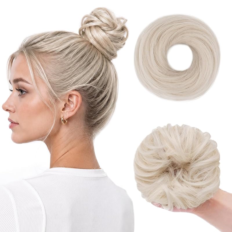 WIRCTP 2PCS Messy Bun Hair Piece for Women, Small Donut Bun & Messy Bun Scrunchie for Thin Hair, Synthetic Hair Bun Extension, Natural-Looking Updo(Platinum Blonde)
