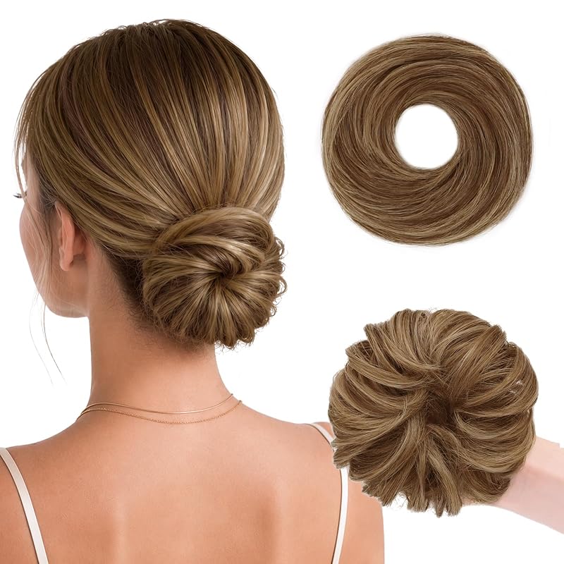 WIRCTP 2PCS Messy Bun Hair Piece for Women, Small Donut Bun & Messy Bun Scrunchie for Thin Hair, Synthetic Hair Bun Extension, Natural-Looking Updo(Caramel Brown with Blonde Highlights)