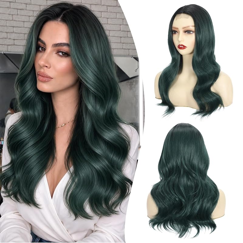 Atohallan Ombre Green Wigs for Women 18 Inch Middle Part Wavy Synthetic Wig