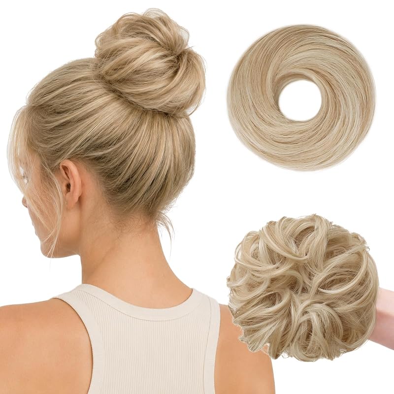 WIRCTP 2PCS Messy Bun Hair Piece for Women, Small Donut Bun & Messy Bun Scrunchie for Thin Hair, Synthetic Hair Bun Extension, Natural-Looking Updo(Dirty Blonde)