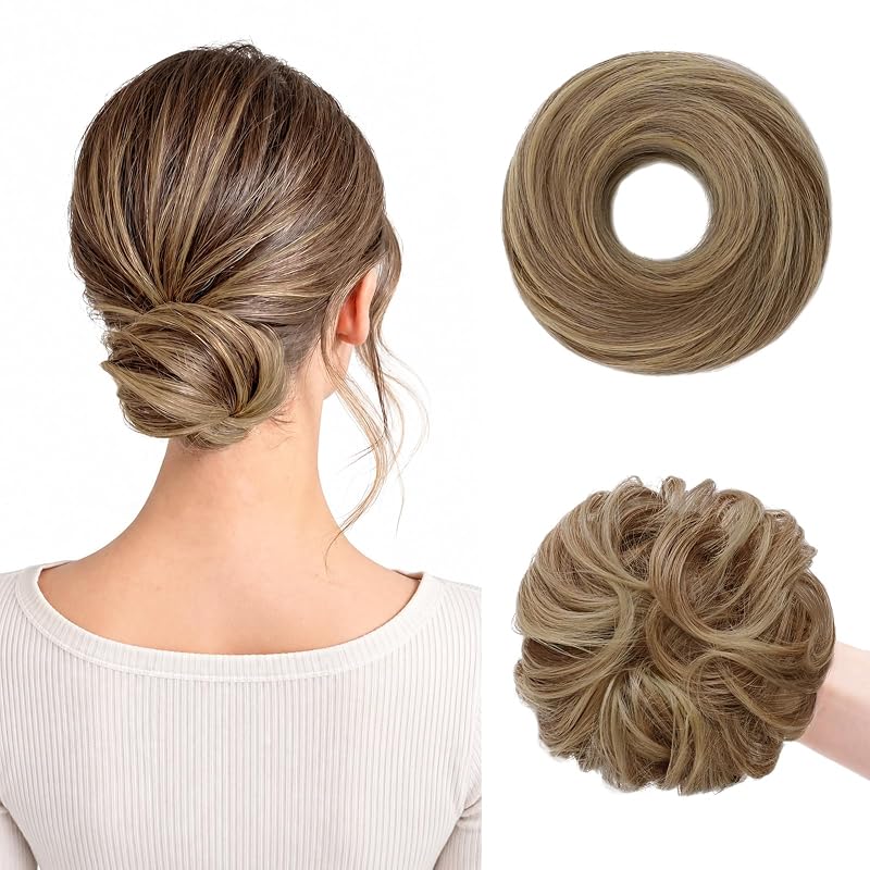 Wirctp 2PCS Messy Bun Hair Piece for Women, Small Donut Bun & Messy Bun Scrunchie for Thin Hair, Synthetic Hair Bun Extension, Natural-Looking Updo(Caramel Brown to Blonde)