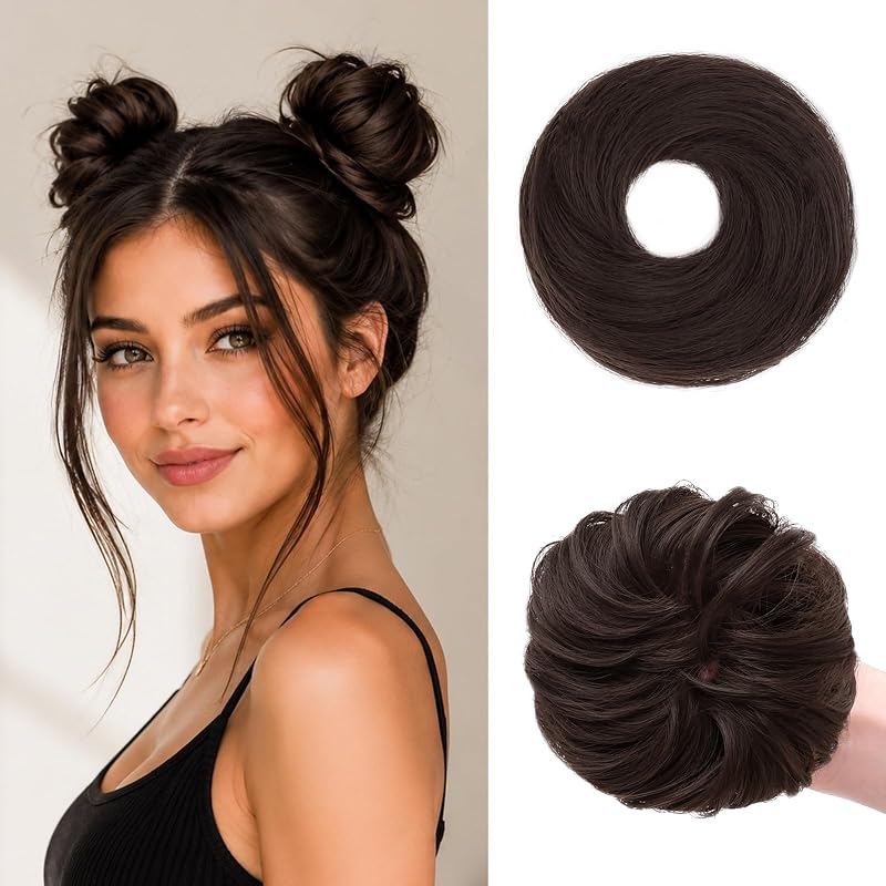 WIRCTP 2PCS Messy Bun Hair Piece for Women, Small Donut Bun & Messy Bun Scrunchie for Thin Hair, Synthetic Hair Bun Extension, Natural-Looking Updo(Dark Brown)