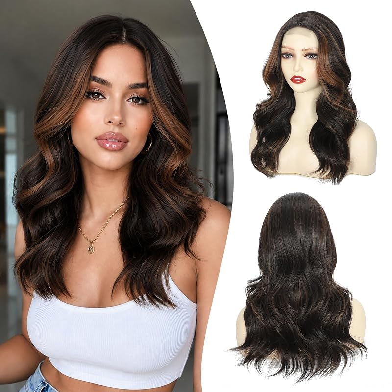 Dark Brown Mixed Chestnut Wigs for Women 18Inch Middle Part Synthetic Wig