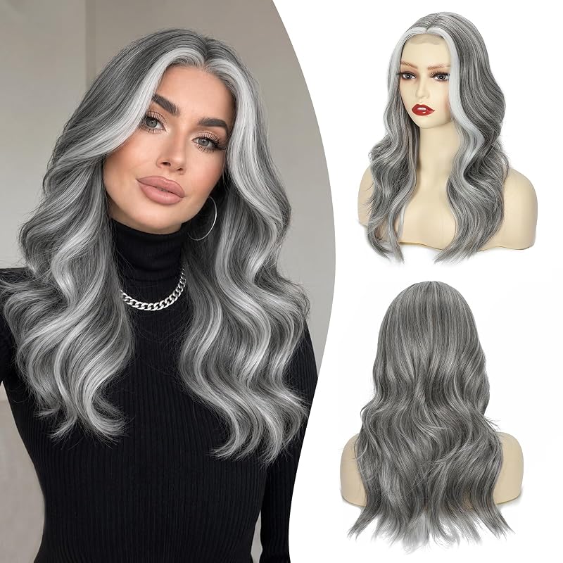 Atohallan Grey Wigs for Women 18Inch Middle Part Layered Wavy Synthetic Wig
